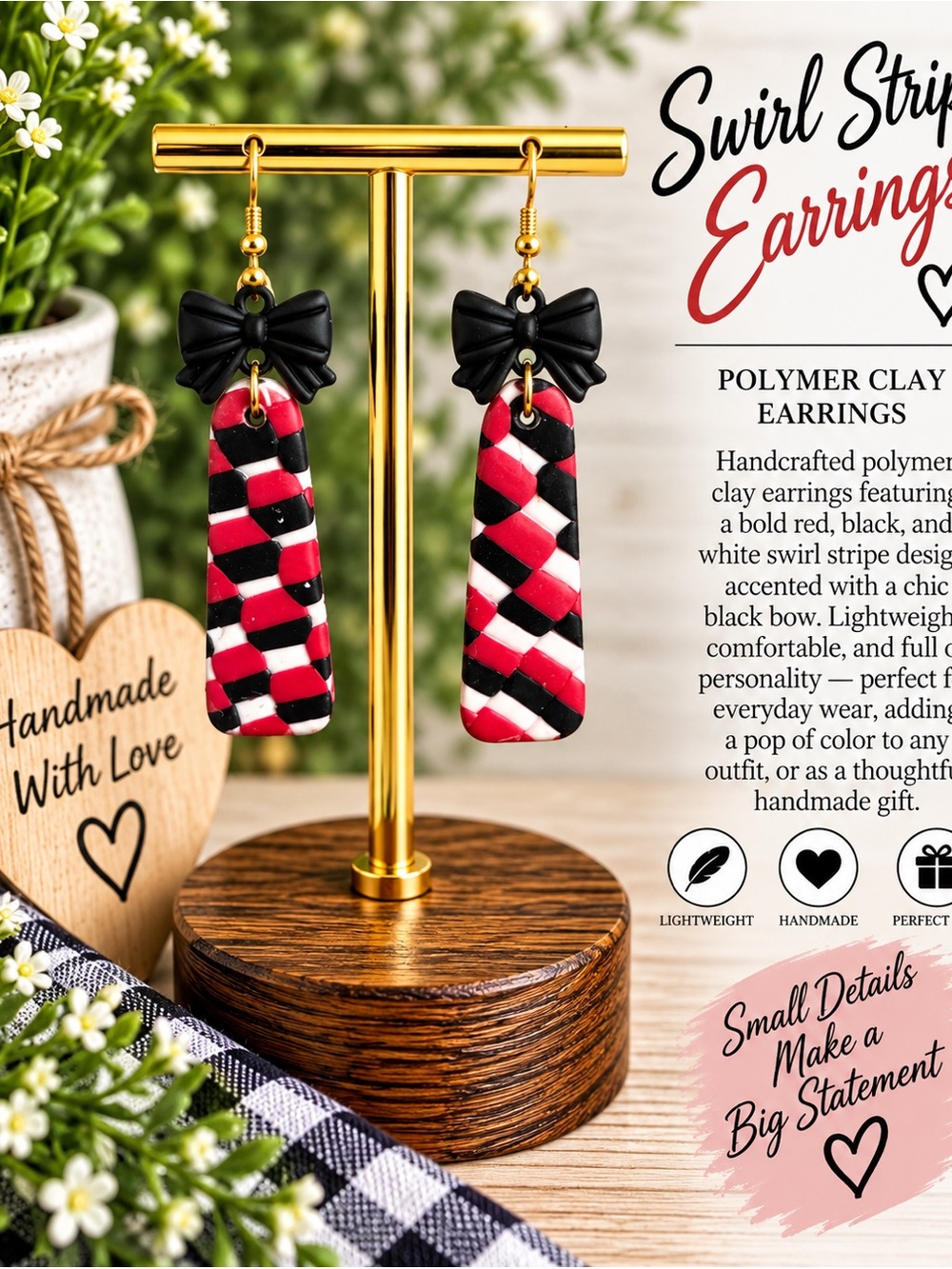 Handmade Swirl Stripe Polymer Clay Earrings with Black Bow - Red, Black & White